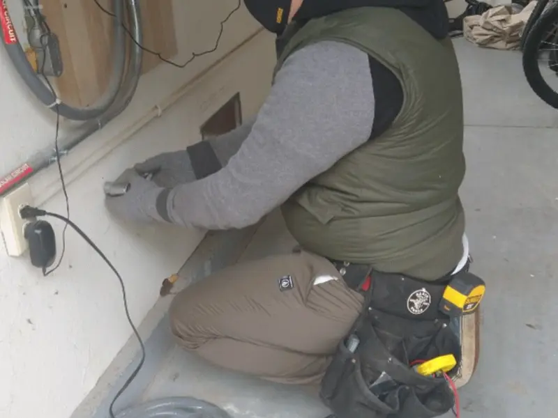 Electrician performing outlet wiring in a Mustang garage